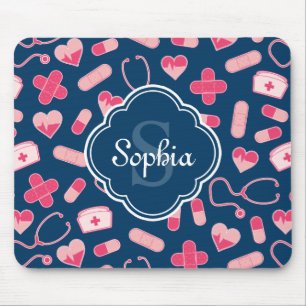 Tapis De Souris Motif de soins infirmiers rose et bleu avec Monogr