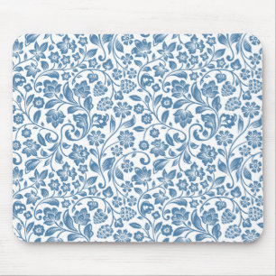 Tapis De Souris Motif de vignes florales bleues et blanches orné
