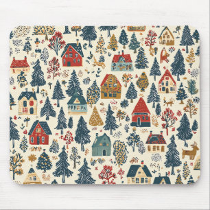 Tapis De Souris Motif de village de Noël en bois rouge Navy