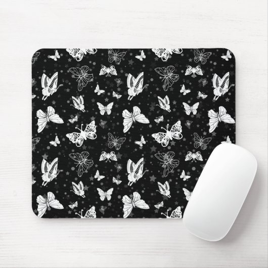 Tapis De Souris Motif d'illustration noir blanc papillon (Avec souris)