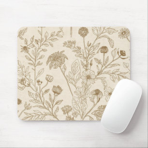 Tapis De Souris Motif floral d'art en ligne botanique sépia antiqu