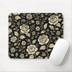 Tapis De Souris Motif floral de rose dorée vintage sur fond noir