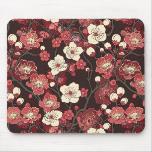 Tapis De Souris Motif floral de sakura bordeaux foncé corail fleur