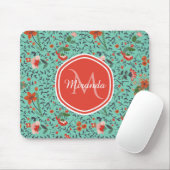 Tapis De Souris Motif floral en Monogramme Turquoise et orange et  (Avec souris)