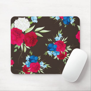 Tapis De Souris Motif floral rouge bleu élégant sur fond brun fonc