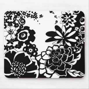 Tapis De Souris Motif graphique de jardin floral noir et blanc