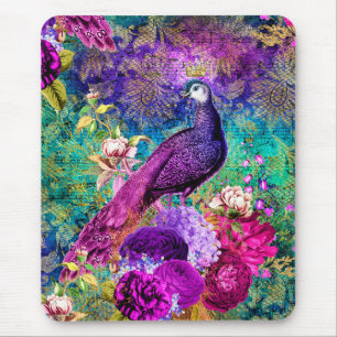 Tapis De Souris Motif Grunge Paon Illustré Vintage