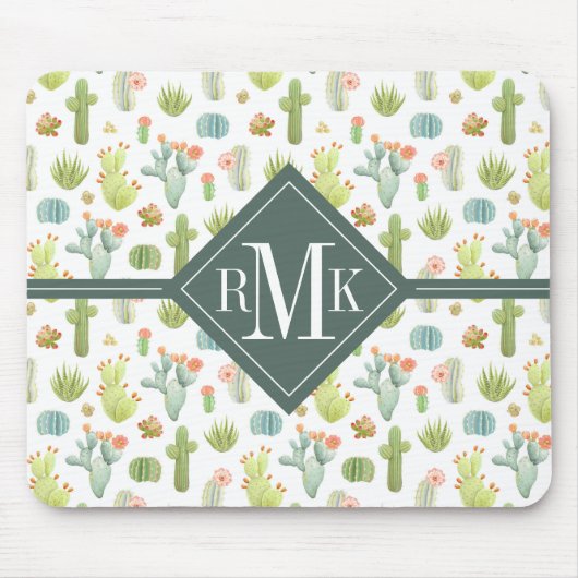 Tapis De Souris Motif mignon de position de cactus du monogramme | (Devant)