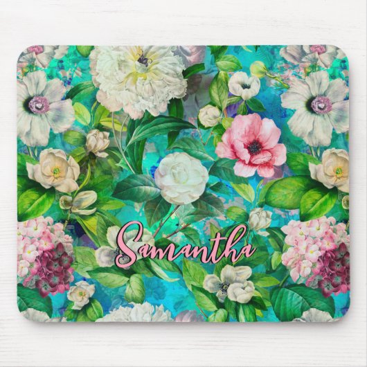 Tapis De Souris Motif monogramme bleu fleuri rose (Devant)