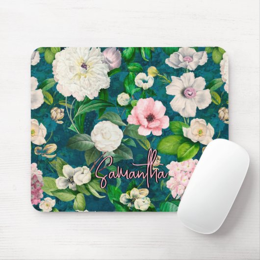 Tapis De Souris Motif monogramme vert fleuri et rose (Avec souris)