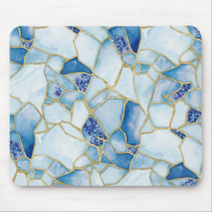 Tapis De Souris Motif mosaïque de verre de mer aquarelle bleu or