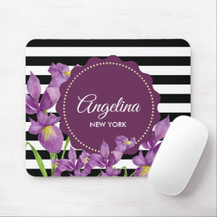 Tapis De Souris Motif rayures noir et blanc Iris violet aquarelle