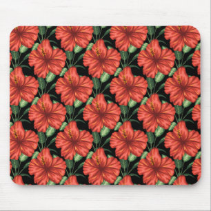 Tapis De Souris Motif sans couture Fleurs rouges tropicales feuill