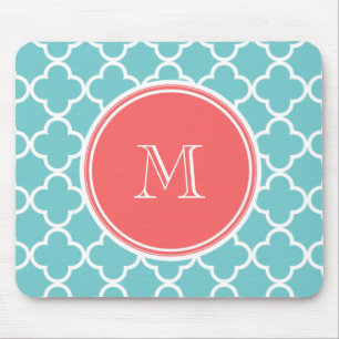 Tapis De Souris Motif turquoise de Quatrefoil, monogramme de
