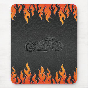 Tapis De Souris Moto Chrome Cuir Noir Flammes Orange