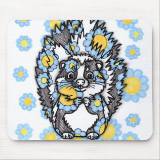 Tapis de souris Mouffette Mignonne avec Fleurs Ble