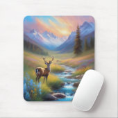 Tapis De Souris Mountain Stream Deer Fleurs sauvages Sunrise Peint (Avec souris)