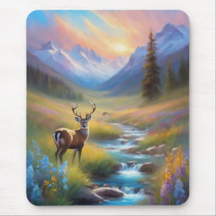 Tapis De Souris Mountain Stream Deer Fleurs sauvages Sunrise Peint