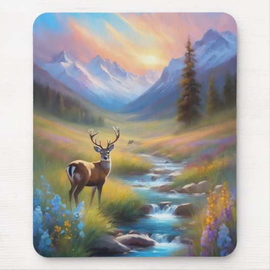 Tapis De Souris Mountain Stream Deer Fleurs sauvages Sunrise Peint (Devant)