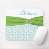 Tapis De Souris Mousepad floral bleu et vert avec le nom (Avec souris)