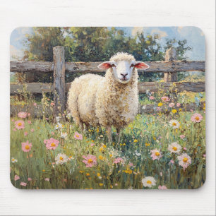 Tapis De Souris Moutons de printemps avec peinture Fleur sauvage