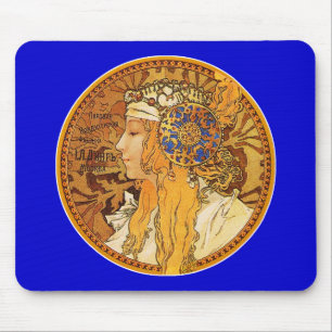 Tapis De Souris Mucha - femme avec des bijoux - art vintage