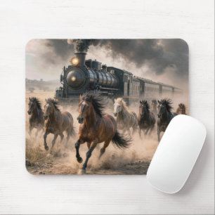 Tapis De Souris Mustangs sauvages courant le long d'un train vinta