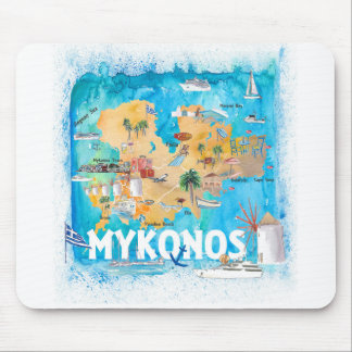 Tapis De Souris Mykonos Grèce Carte illustrée avec des monuments