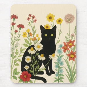 Tapis De Souris Nature botanique – Chat noir dans un jardin de fle