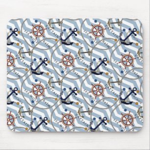 Tapis De Souris Nautical anchor rudder blue white stripe zigzag