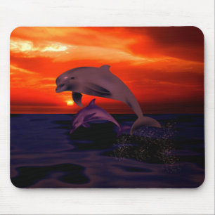 Tapis De Souris Nautical Jumping Dolphins Orange Ocean Sunset