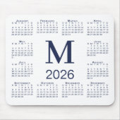 Tapis De Souris Navy Blue Monogram 2026 Calendar on White (Devant)