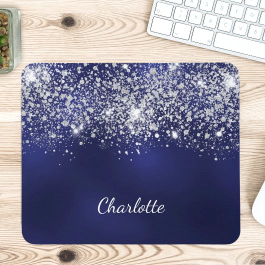 Tapis De Souris Navy blue silver glitter monogram name script