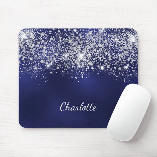 Tapis De Souris Navy blue silver glitter monogram name script (Avec souris)
