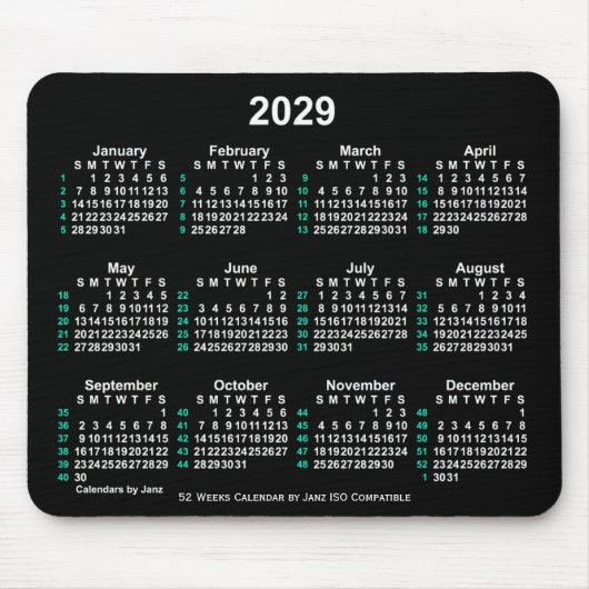 Tapis De Souris Neon White 2029 52 semaines Calendrier ISO par Jan (Devant)