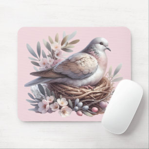 Tapis De Souris Nid de colombe rose avec fleurs et branches d'oliv