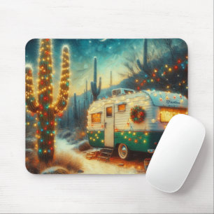 Tapis De Souris Noël du Camper vintage dans le désert Saguaro Cact