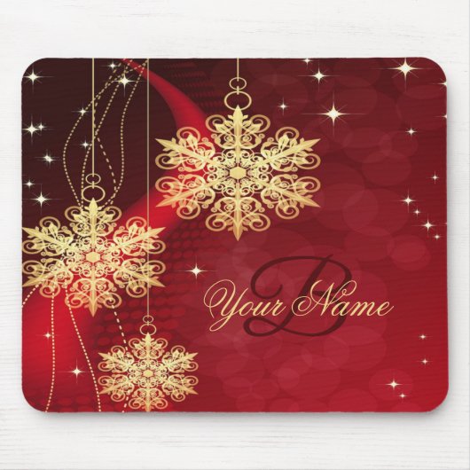 Tapis De Souris Noël Monogramme Nom Red Golden Snowflakes Cadeau (Devant)