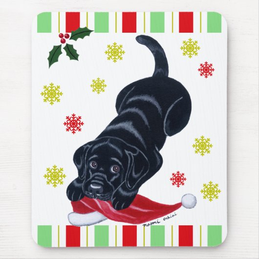 Tapis De Souris Noël noir de chiot de Labrador et de casquette de (Devant)