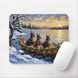 Tapis De Souris Noël sur un bateau avec Doberman Pinscher