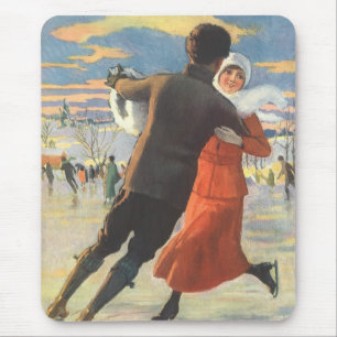 Tapis De Souris Noël vintage, couple romantique patinant sur glace