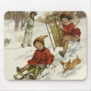 Tapis De Souris Noël vintage, enfants victoriens faisant de la lug
