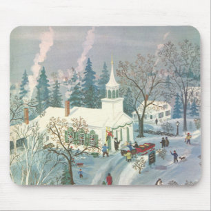 Tapis De Souris Noël vintage, gens allant à l'église dans la neige