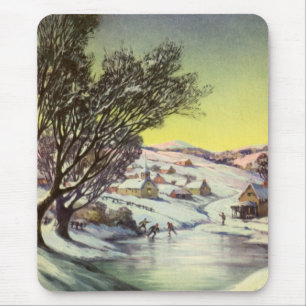 Tapis De Souris Noël Vintage, Lac gelé avec patineurs sur glace
