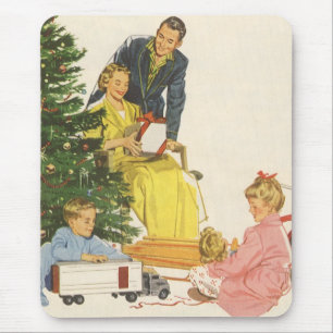 Tapis De Souris Noël vintage matin, famille ouvrant des cadeaux