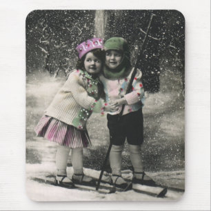 Tapis De Souris Noël vintage, meilleurs amis sur skis