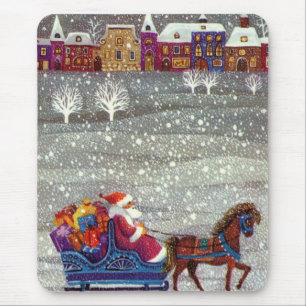 Tapis De Souris Noël vintage, Père Noël traîneau ouvert à cheval