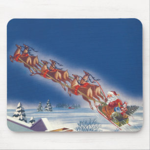 Tapis De Souris Noël vintage, Père Noël volant avec son traîneau e