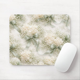 Tapis De Souris Nœuds de mariage vert sauge et fleurs d'hortensia