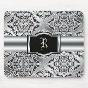 Tapis De Souris Noir débonnaire de damassé, blanc, argent